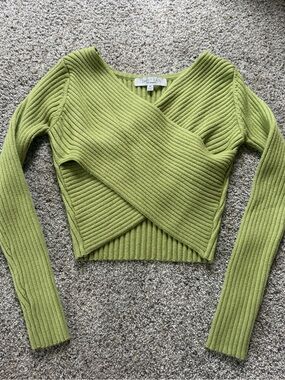 Sweet Rain Lime Green Ribbed Wrap Crop Top
